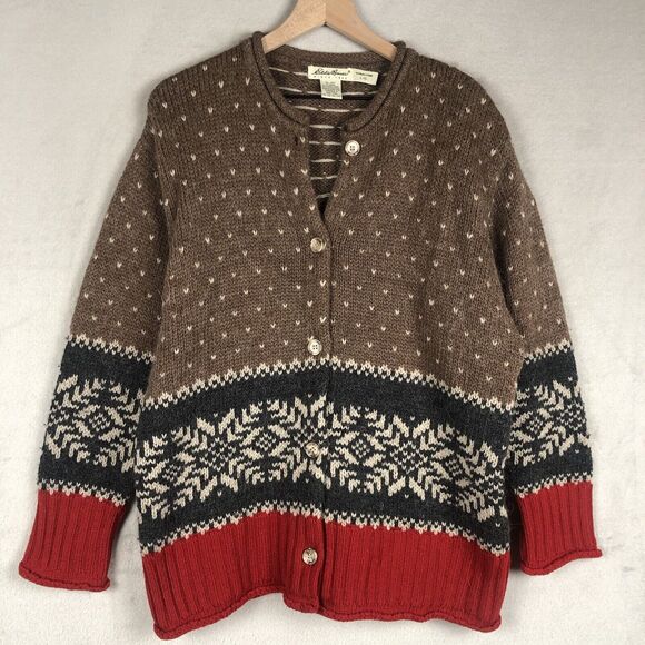 VTG EDDIE BAUER Wool Alpaca Cardigan Women's L Nordic Fair‎ Isle 90's Sweater - Picture 1 of 10
